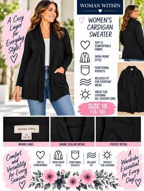 Woman within Women's 1X black pocket cardigan sweater #35